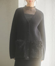 ファーポケットVネックニットカーディガンsdp8029 ブラック