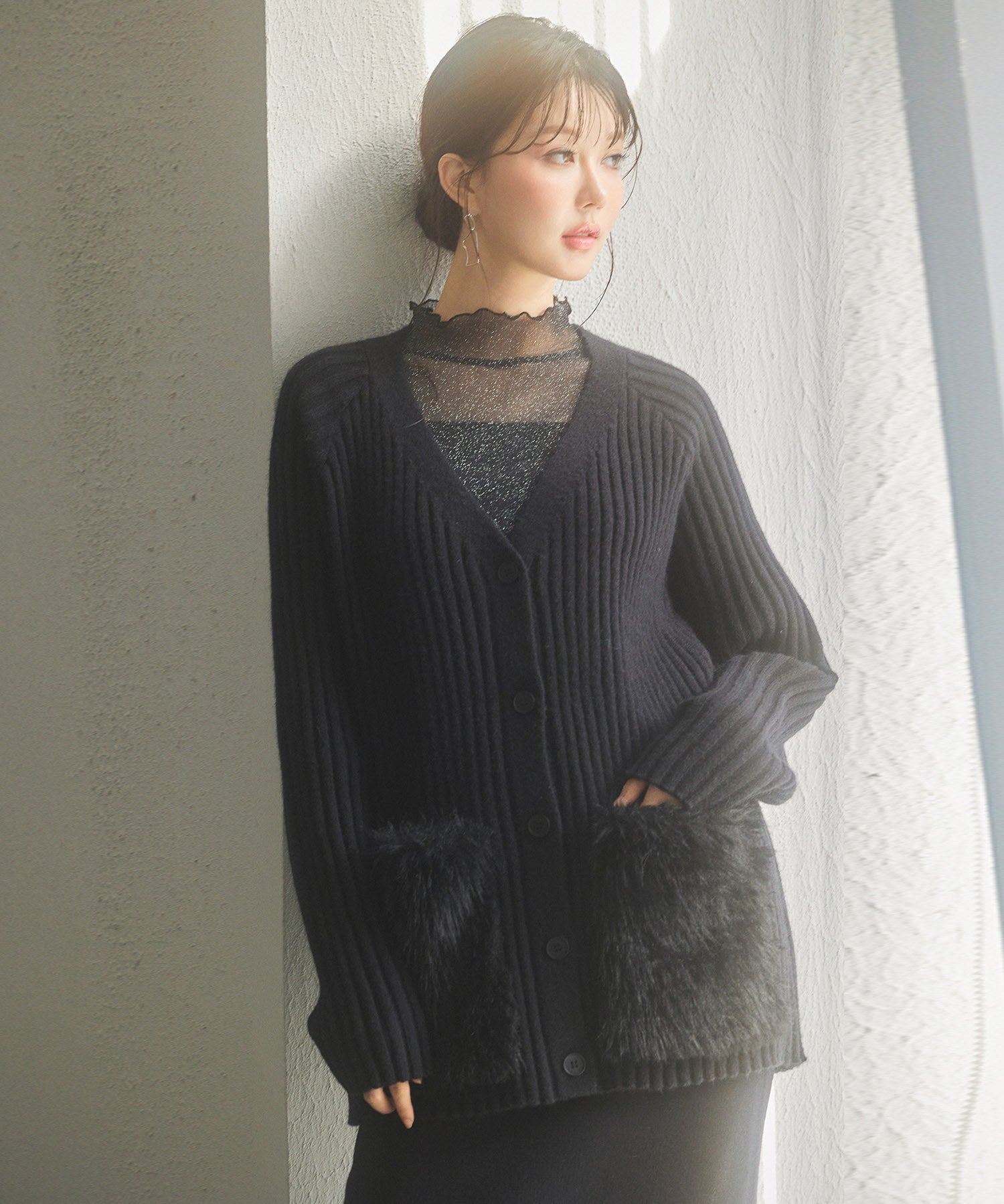 ファーポケットVネックニットカーディガンsdp8029 ブラック