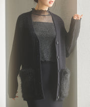 ファーポケットVネックニットカーディガンsdp8029 ブラック