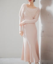 フェザーとニットスカートがドッキング2wayワンピースsdp8030 ピンクベージュ