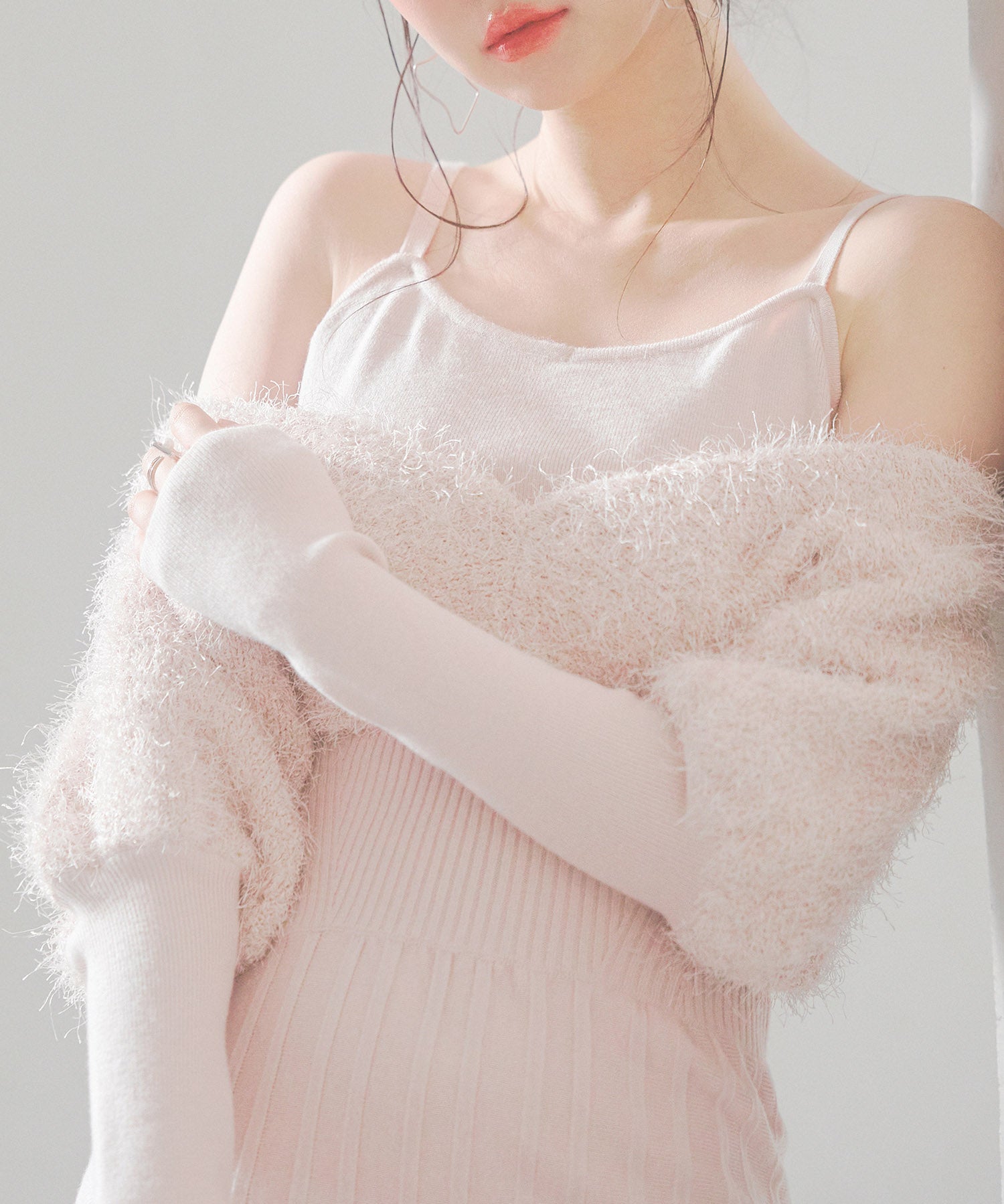 フェザーとニットスカートがドッキング2wayワンピースsdp8030 ピンクベージュ