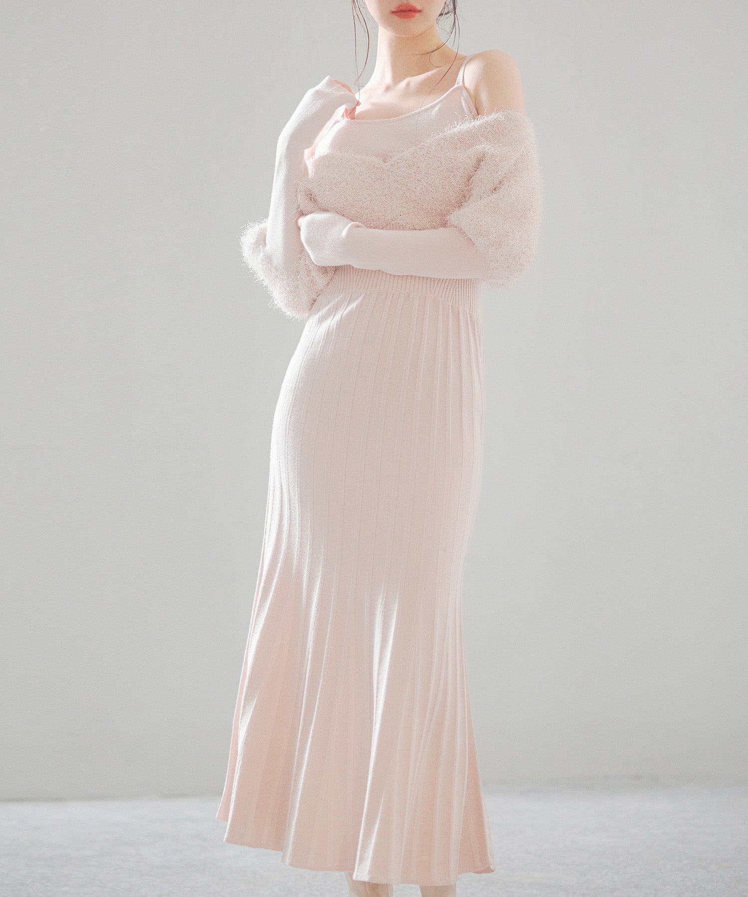 フェザーとニットスカートがドッキング2wayワンピースsdp8030 ピンクベージュ