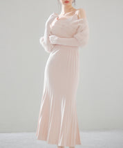 フェザーとニットスカートがドッキング2wayワンピースsdp8030 ピンクベージュ