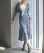 フェザーとニットスカートがドッキング2wayワンピースsdp8030 ブルーグレー