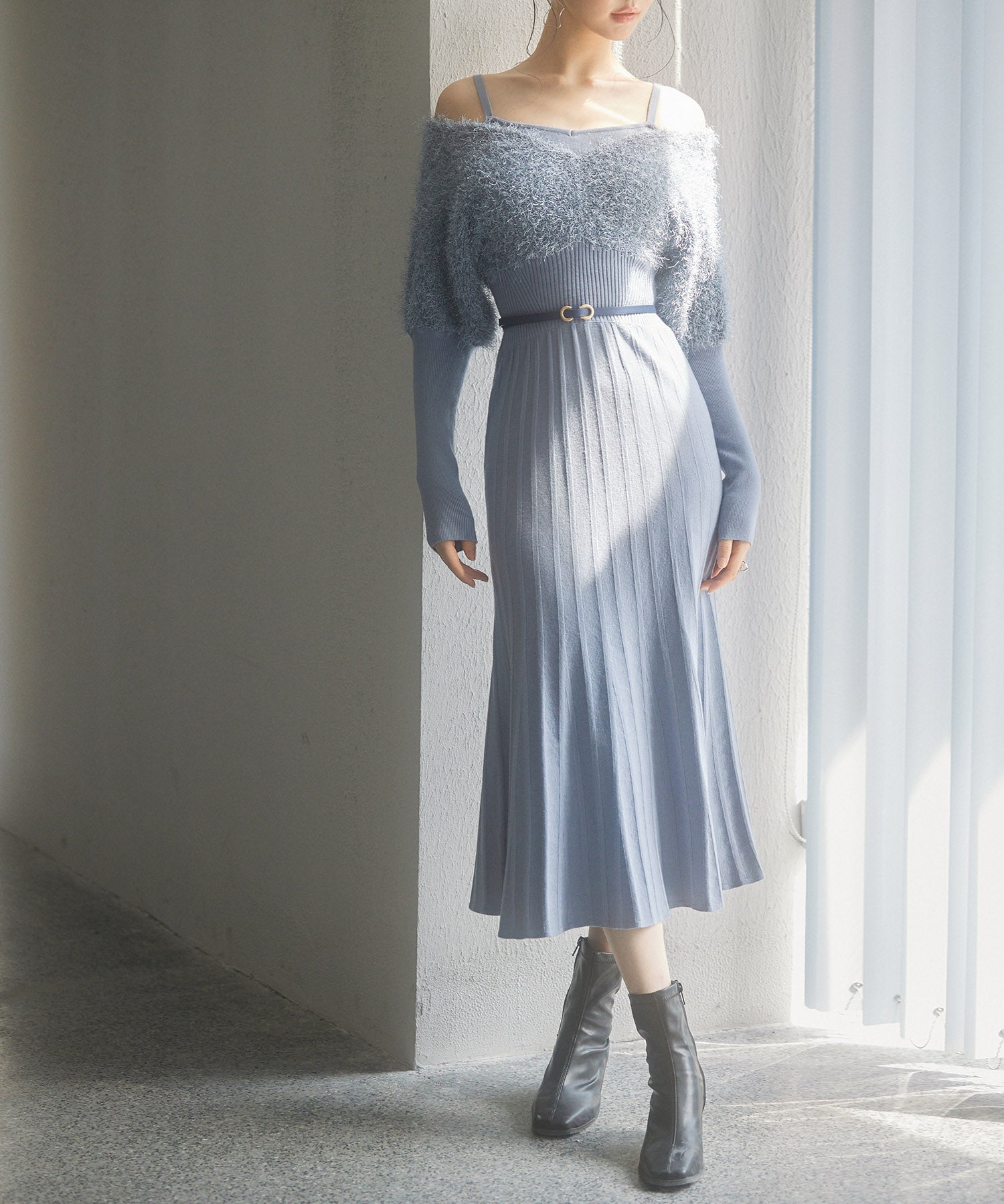 フェザーとニットスカートがドッキング2wayワンピースsdp8030 ブルーグレー
