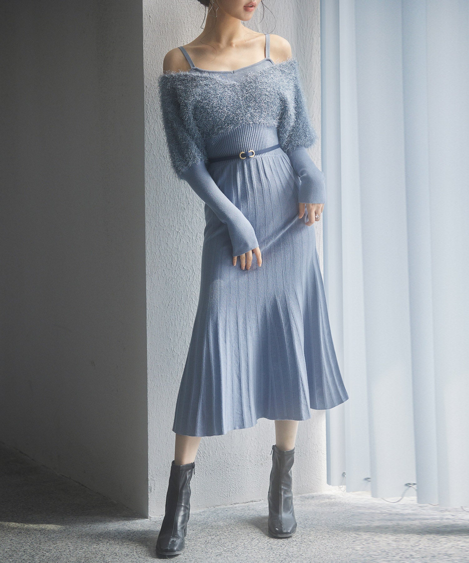 フェザーとニットスカートがドッキング2wayワンピースsdp8030 ブルーグレー