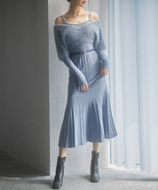 フェザーとニットスカートがドッキング2wayワンピースsdp8030 ブルーグレー