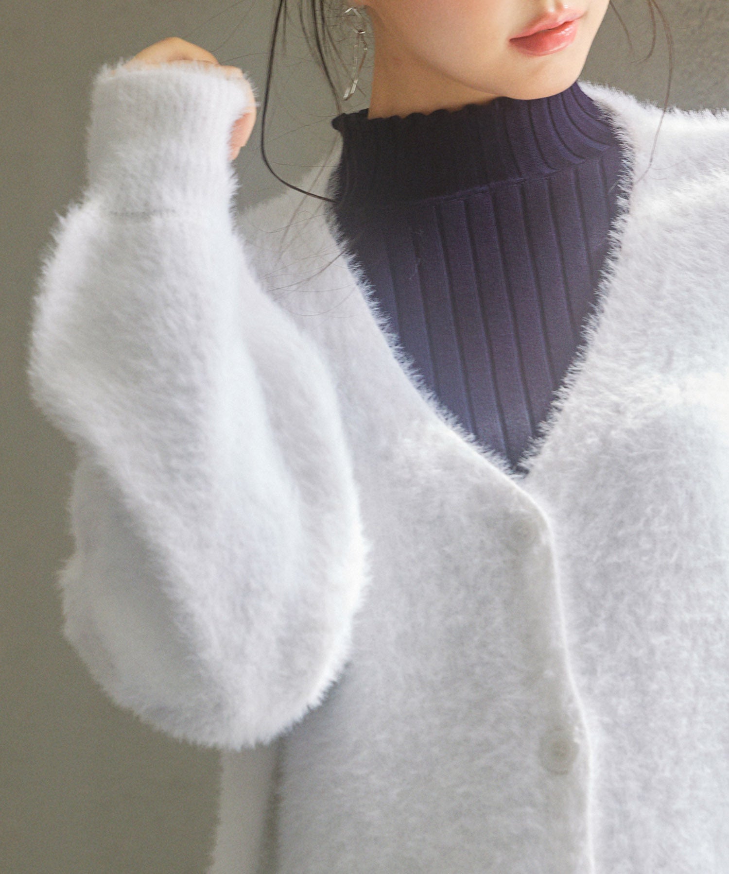 Vネックドロップショルダーシャギーカーディガンsdp8034 ホワイト