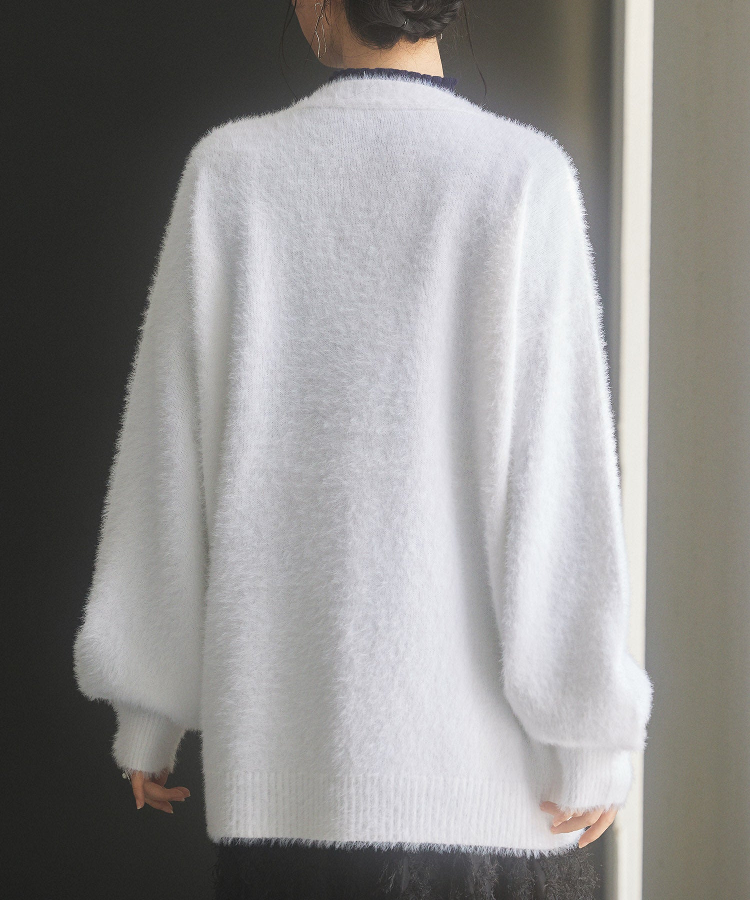 Vネックドロップショルダーシャギーカーディガンsdp8034 ホワイト