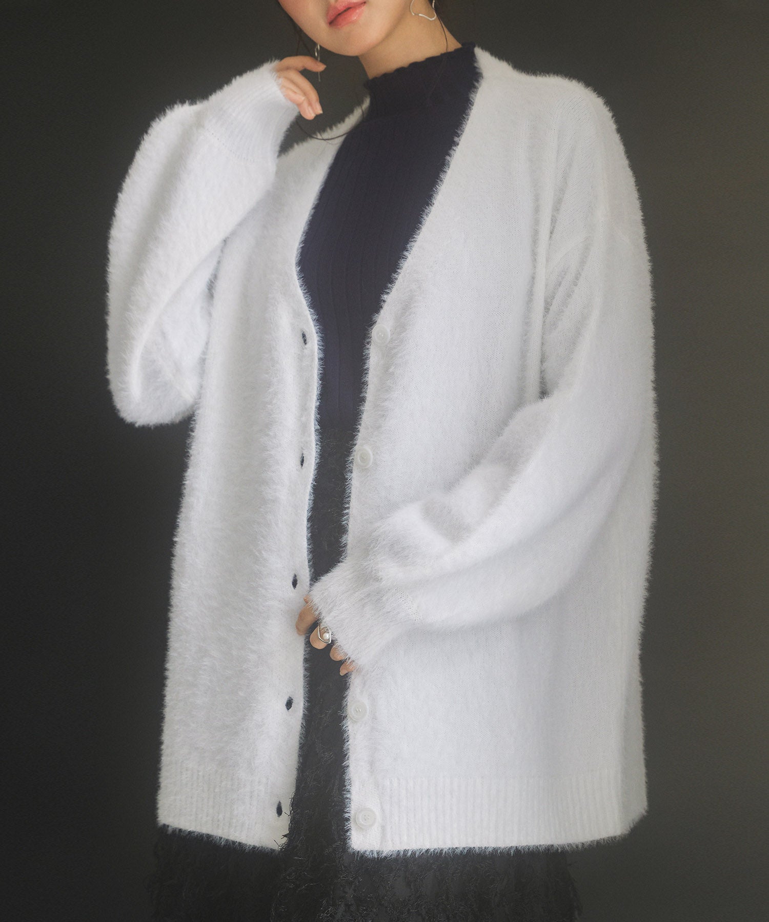 Vネックドロップショルダーシャギーカーディガンsdp8034 ホワイト