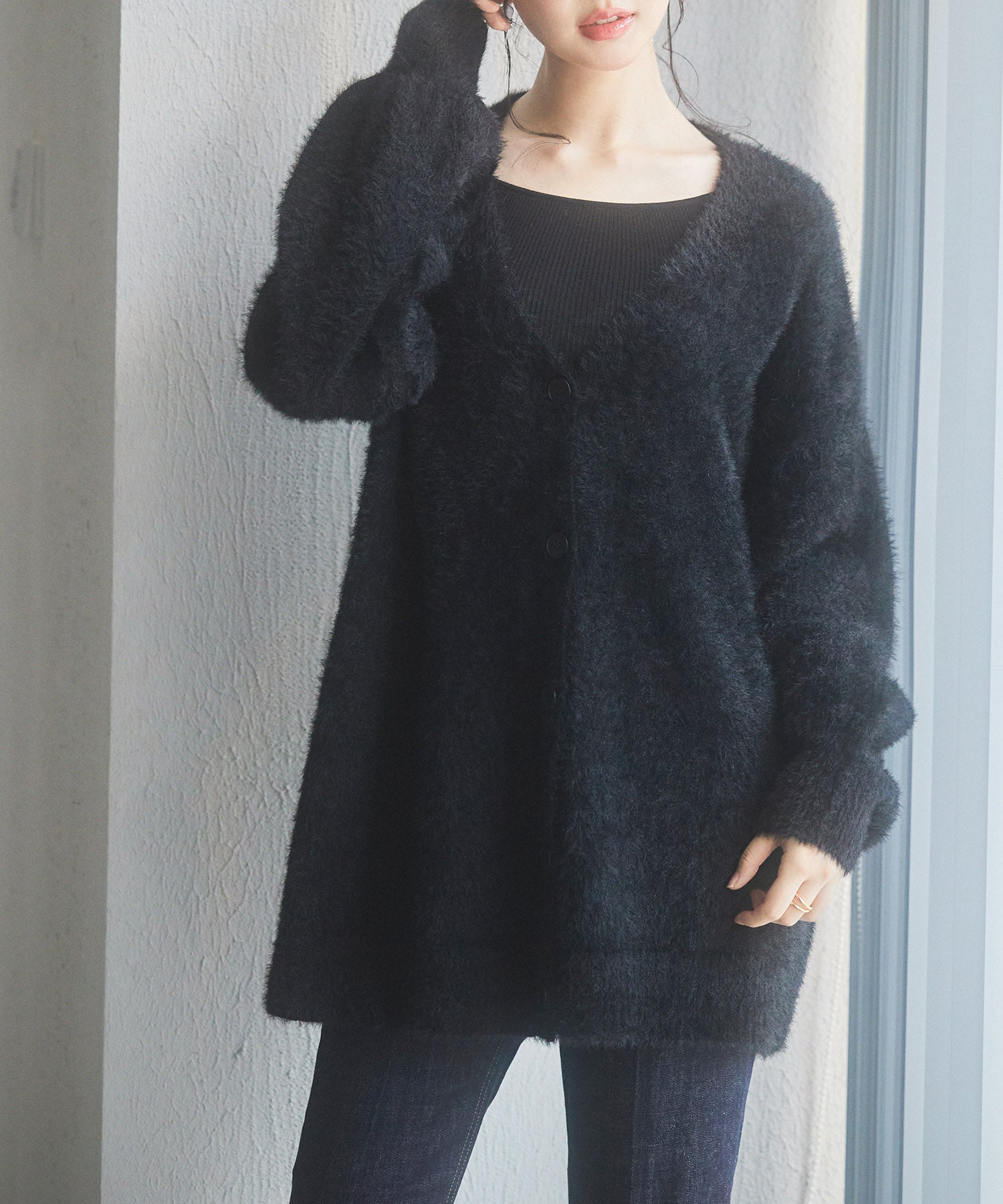 Vネックドロップショルダーシャギーカーディガンsdp8034 ブラック