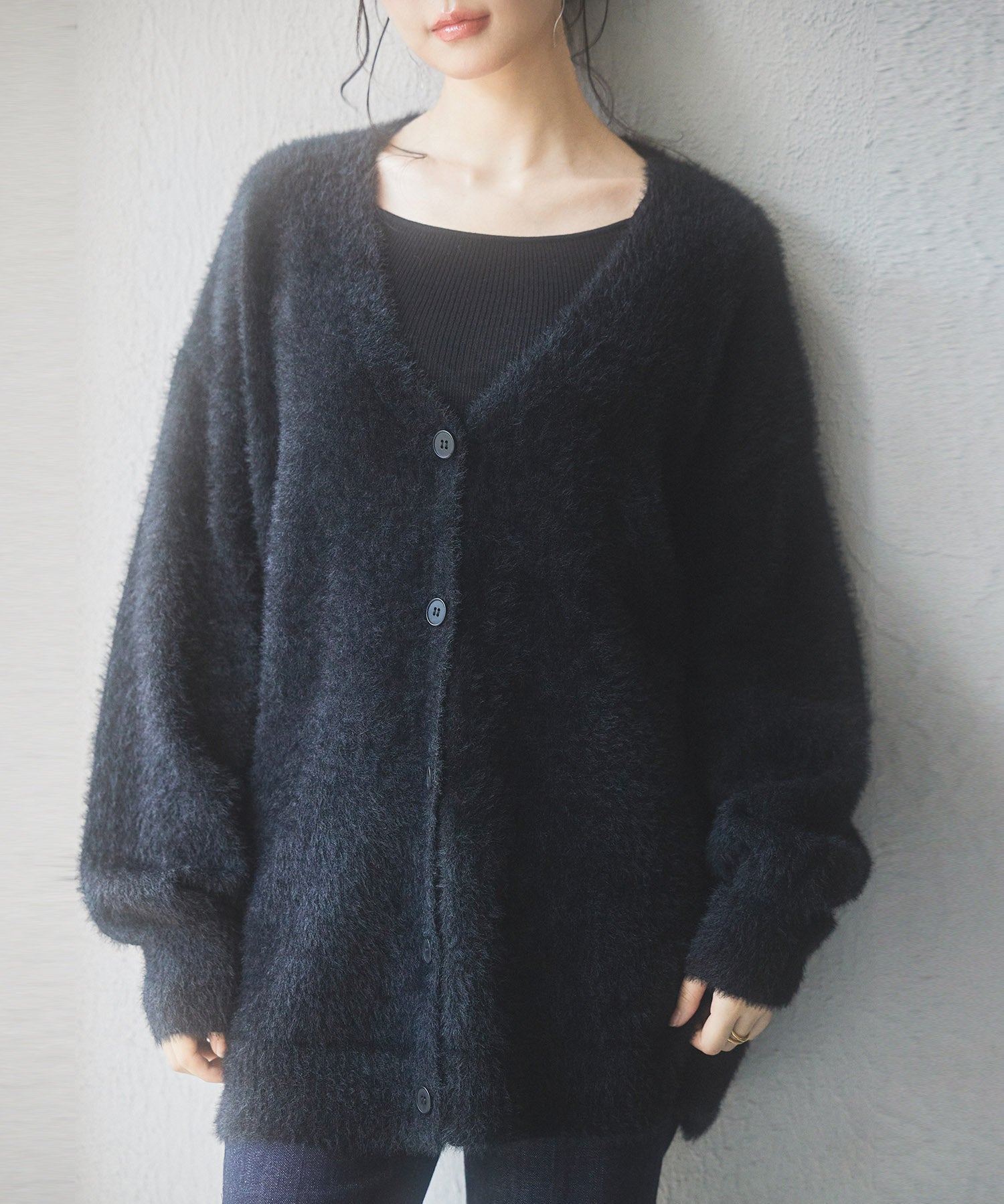 Vネックドロップショルダーシャギーカーディガンsdp8034 ブラック