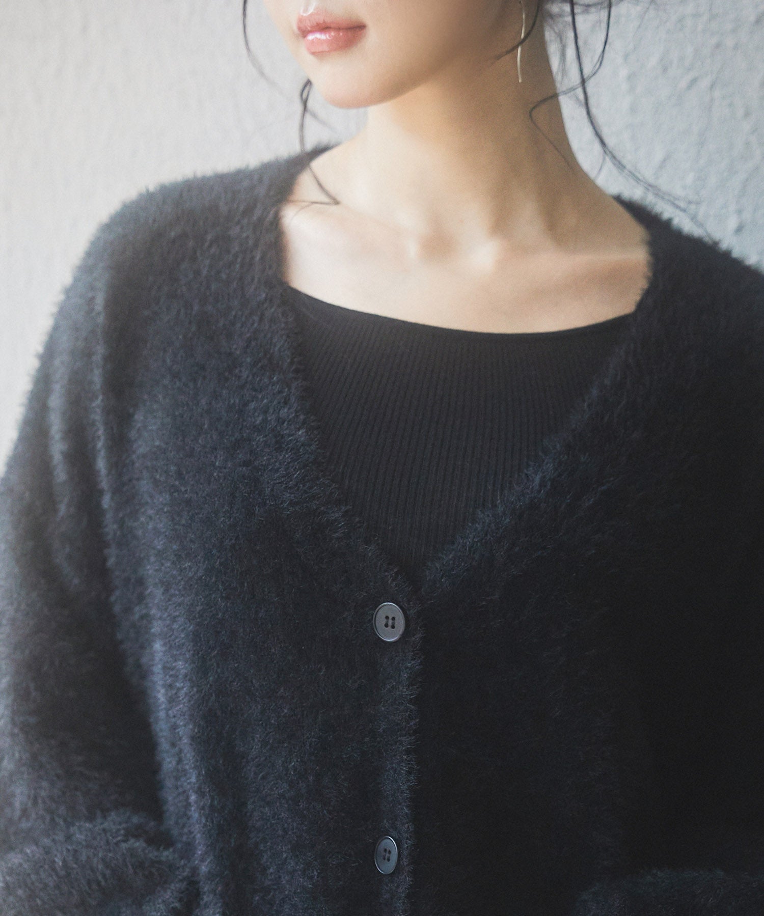 Vネックドロップショルダーシャギーカーディガンsdp8034 ブラック