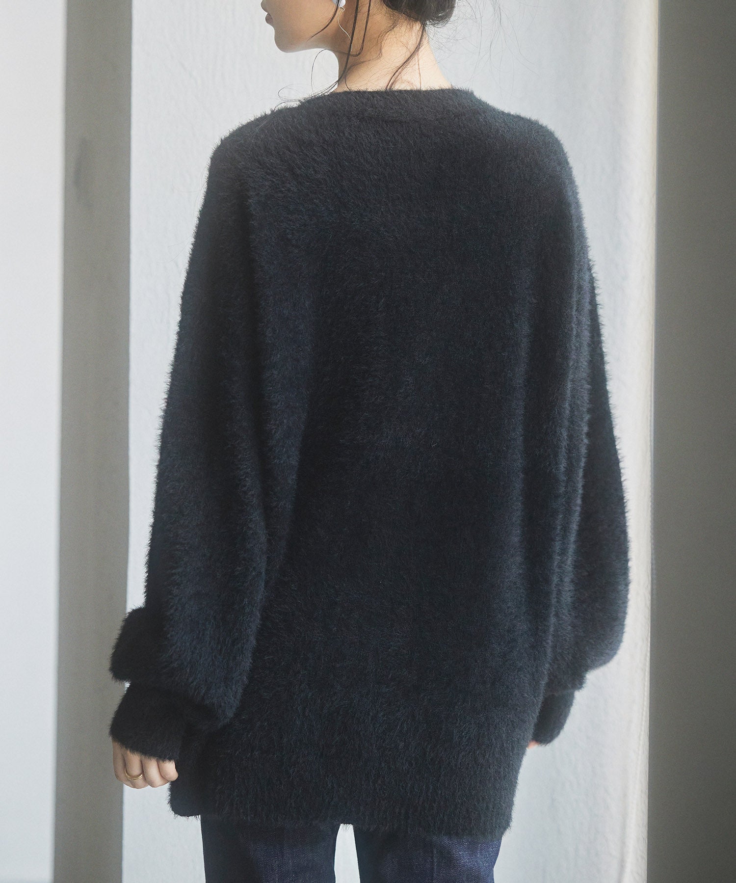 Vネックドロップショルダーシャギーカーディガンsdp8034 ブラック