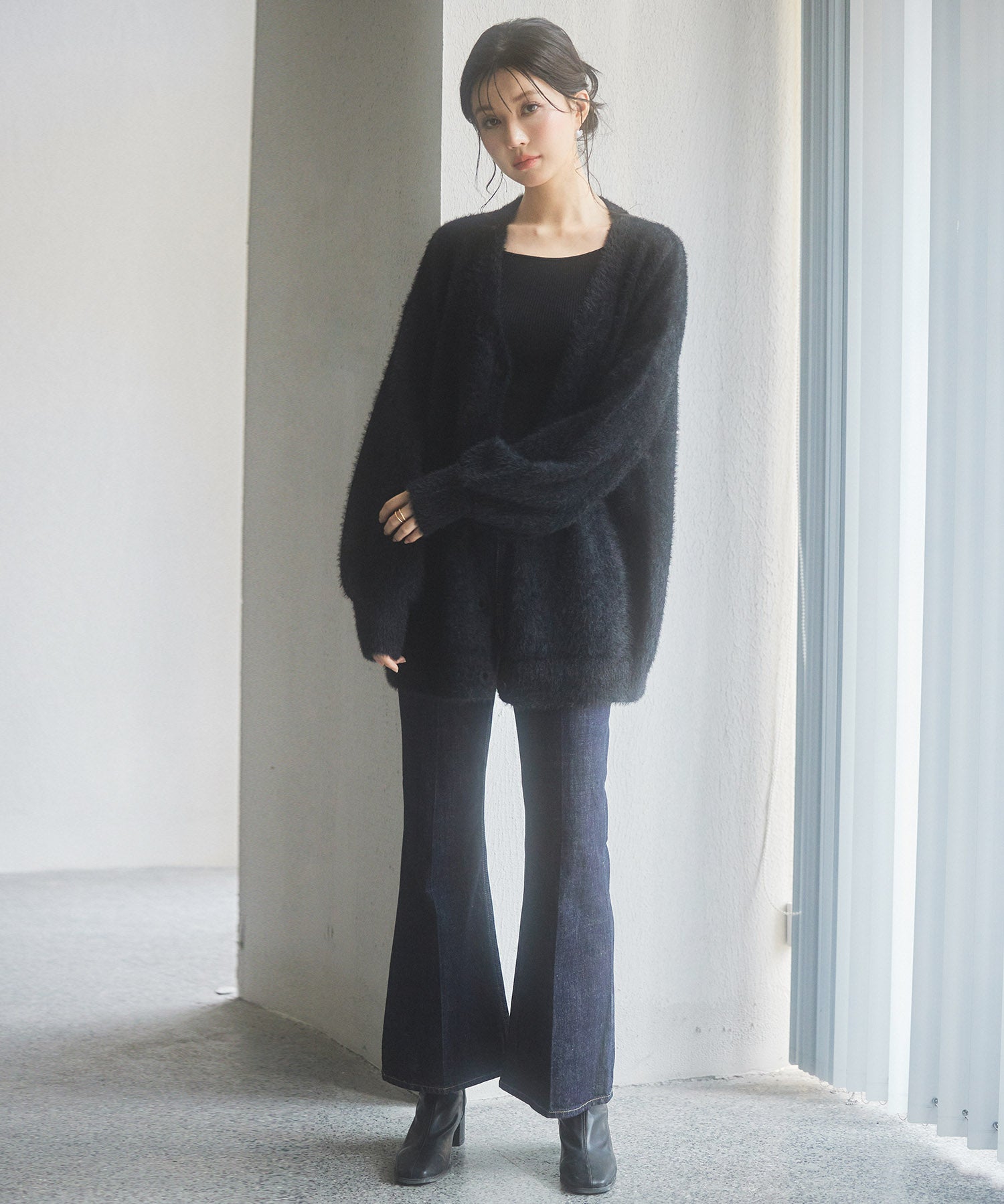 Vネックドロップショルダーシャギーカーディガンsdp8034 ブラック