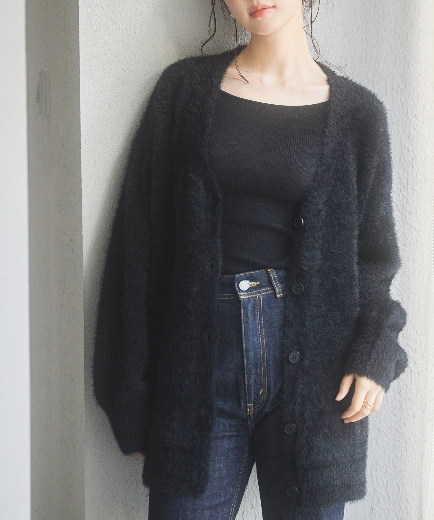 Vネックドロップショルダーシャギーカーディガンsdp8034 ブラック