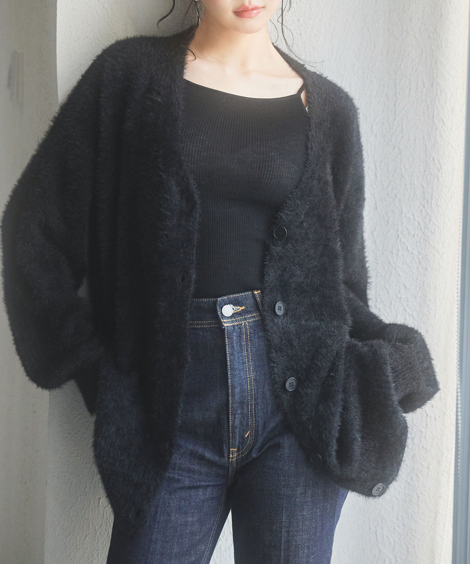 Vネックドロップショルダーシャギーカーディガンsdp8034 ブラック