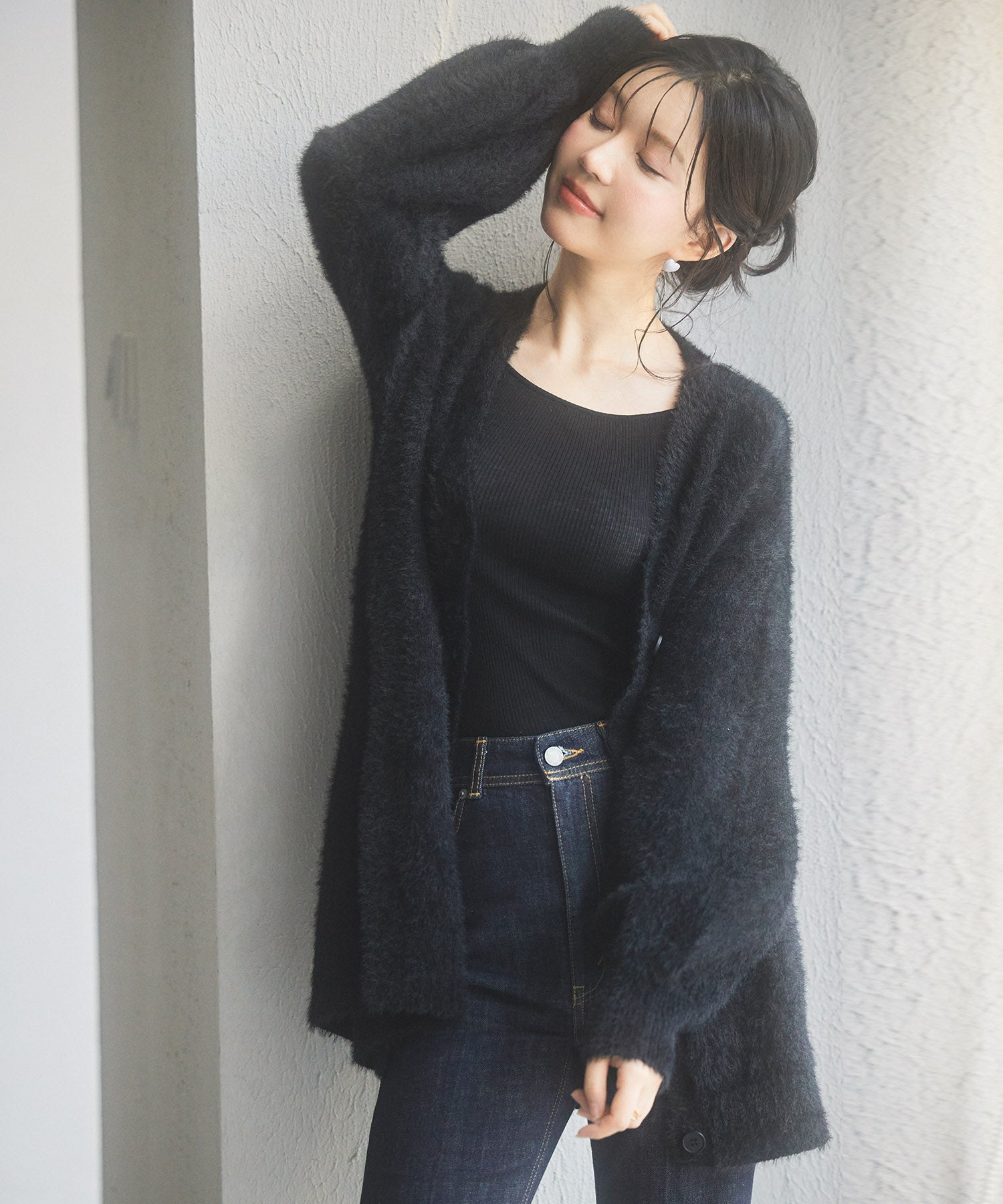 Vネックドロップショルダーシャギーカーディガンsdp8034 ブラック