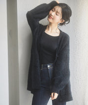 Vネックドロップショルダーシャギーカーディガンsdp8034 ブラック