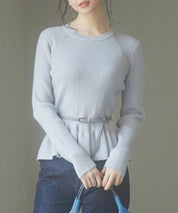 ぺプラム裾クルネックニットプルオーバーsdp8036 グレー