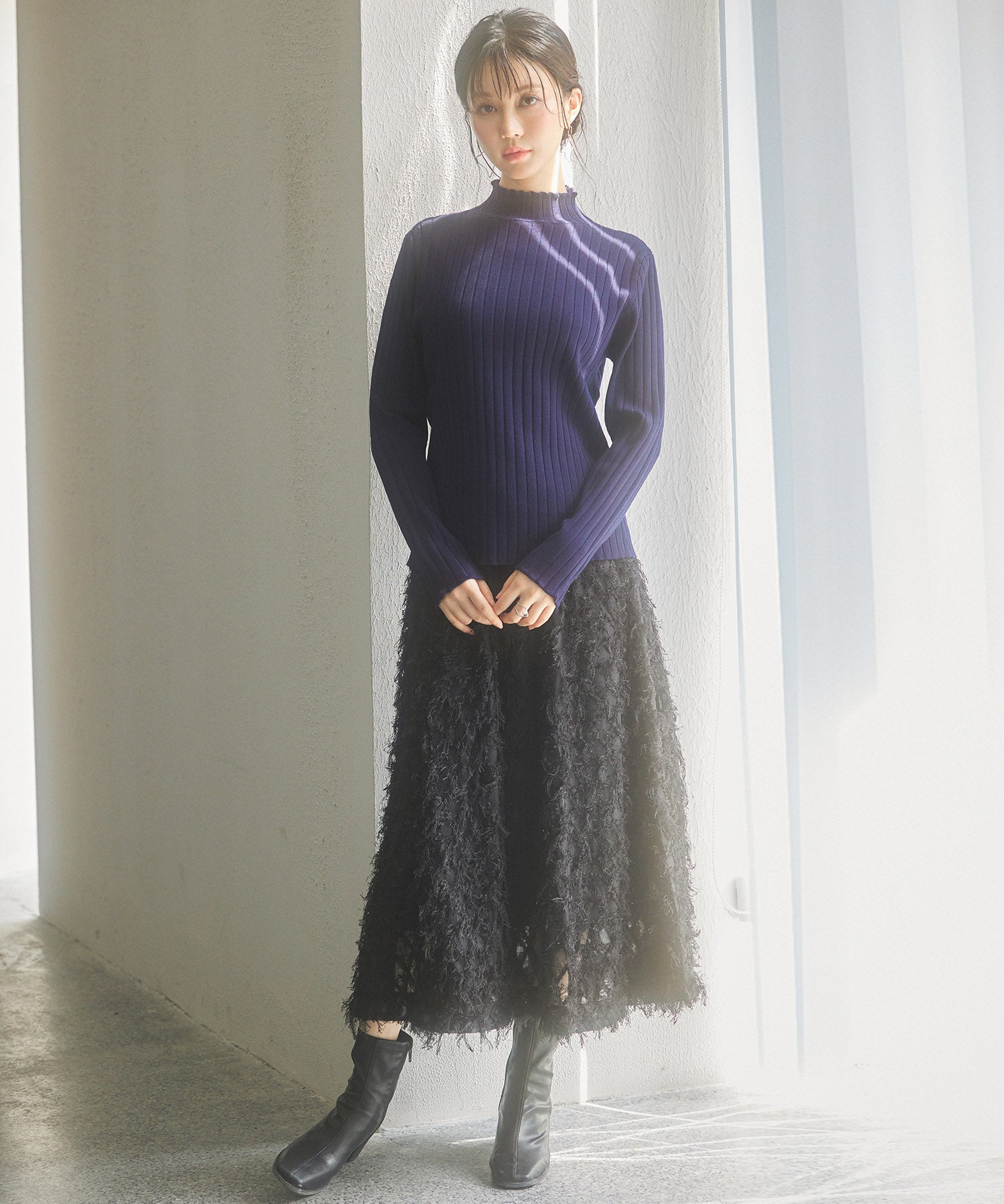 太めリブ編みプチハイネックニットプルオーバーsdp8037 ネイビー