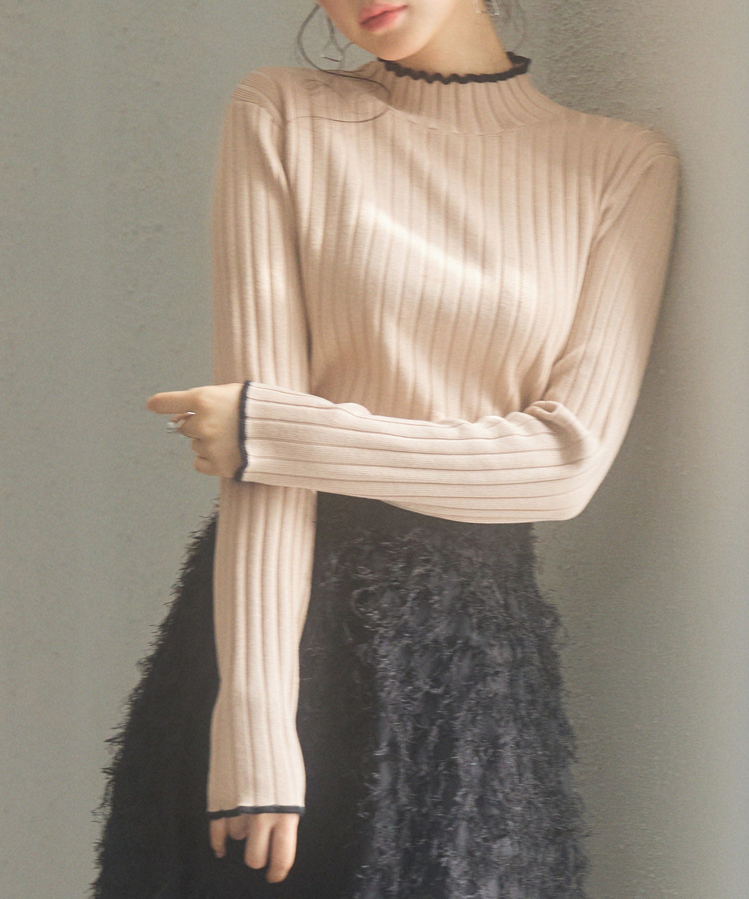 太めリブ編みプチハイネックニットプルオーバーsdp8037 ピンクベージュ