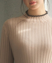 太めリブ編みプチハイネックニットプルオーバーsdp8037 ピンクベージュ