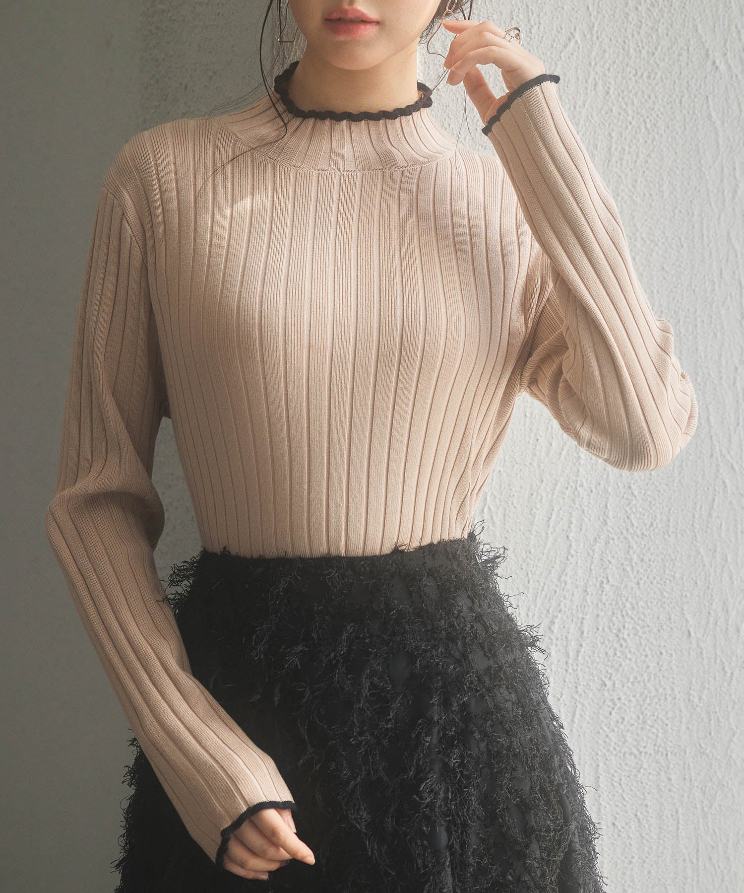 太めリブ編みプチハイネックニットプルオーバーsdp8037 ピンクベージュ