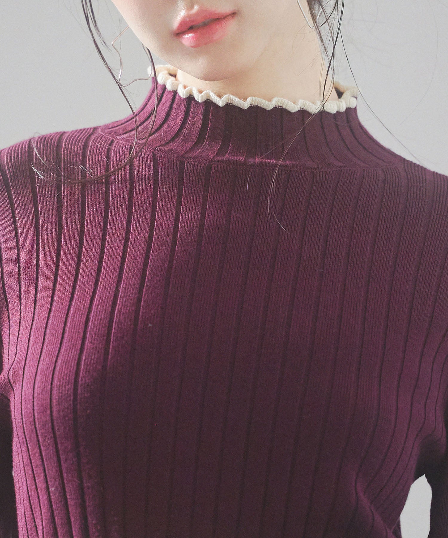 太めリブ編みプチハイネックニットプルオーバーsdp8037 ワイン