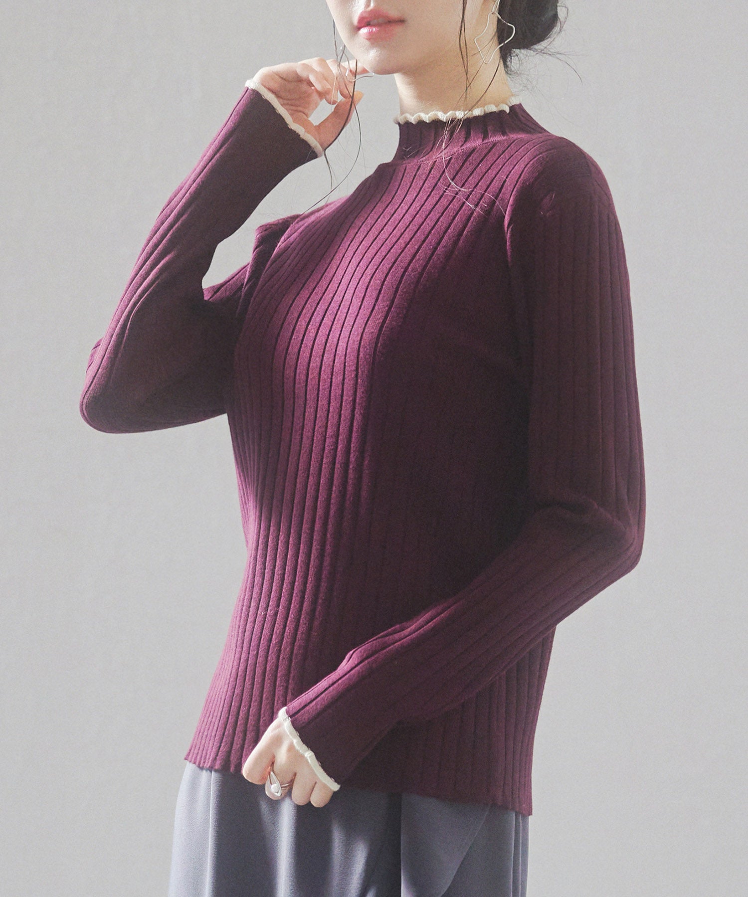 太めリブ編みプチハイネックニットプルオーバーsdp8037 ワイン