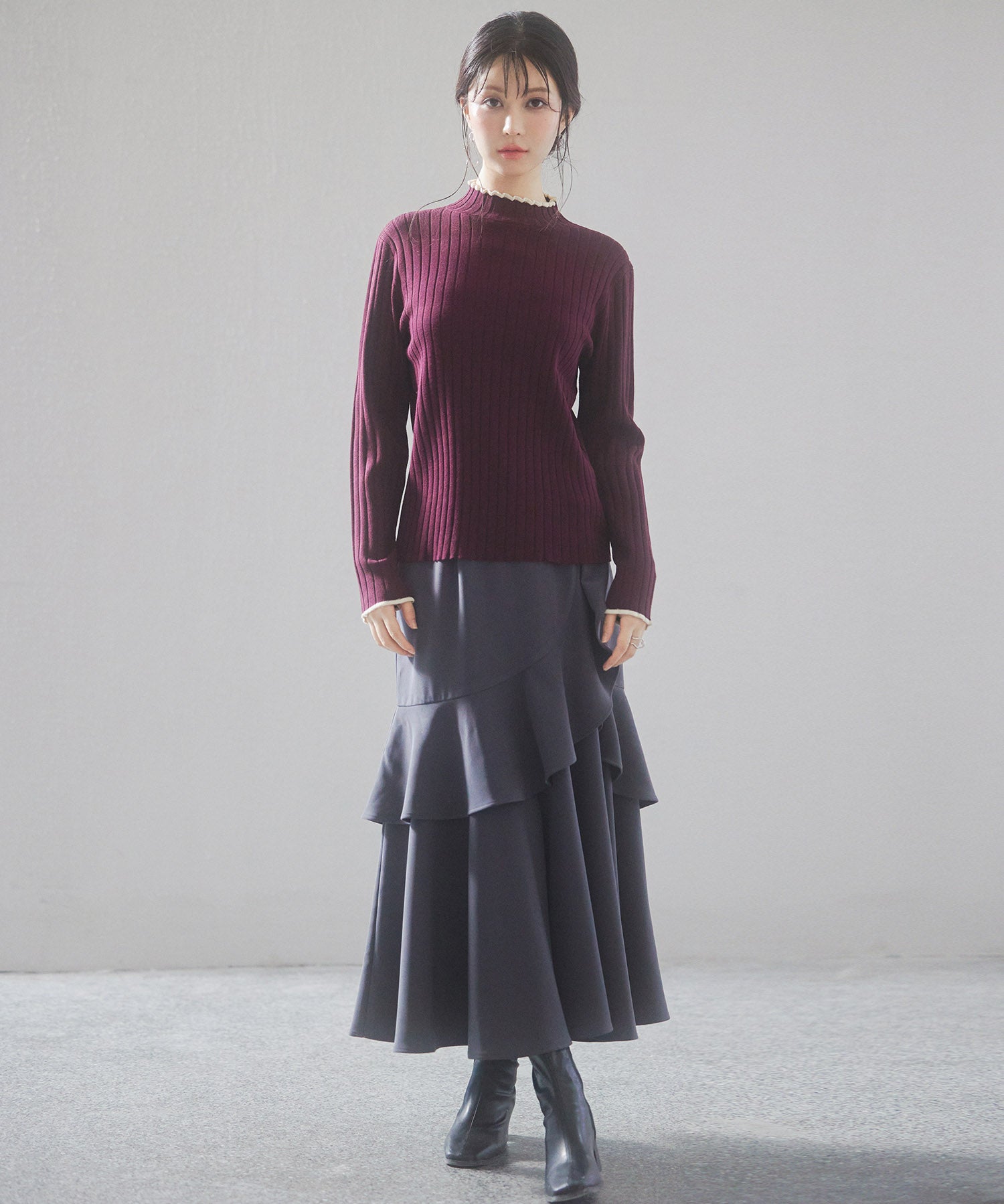 太めリブ編みプチハイネックニットプルオーバーsdp8037 ワイン