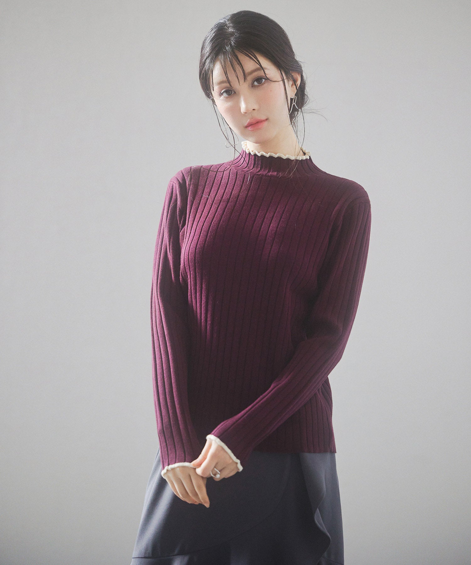 太めリブ編みプチハイネックニットプルオーバーsdp8037 ワイン