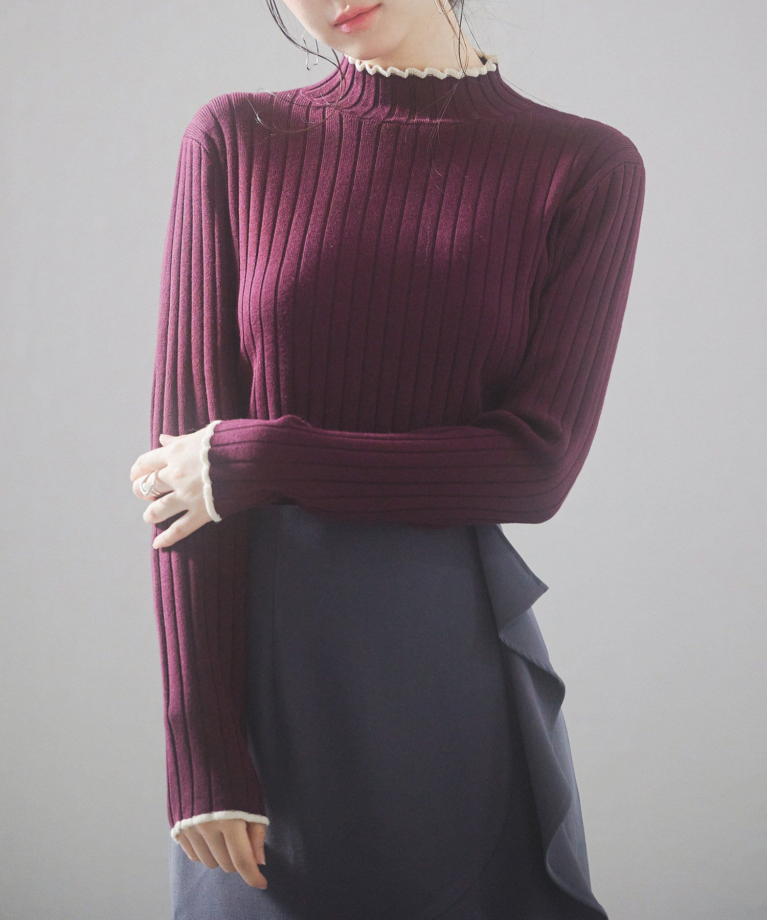 太めリブ編みプチハイネックニットプルオーバーsdp8037 ワイン