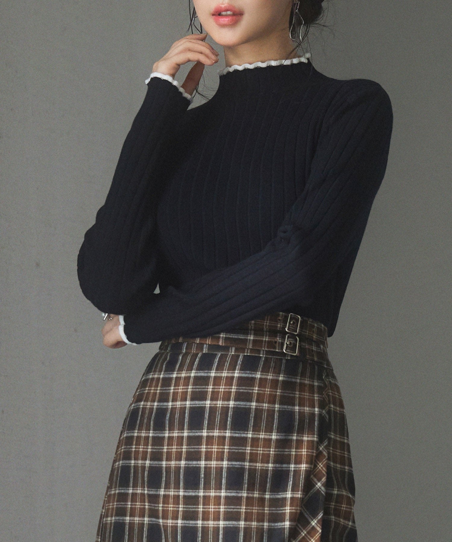 太めリブ編みプチハイネックニットプルオーバーsdp8037 ブラック