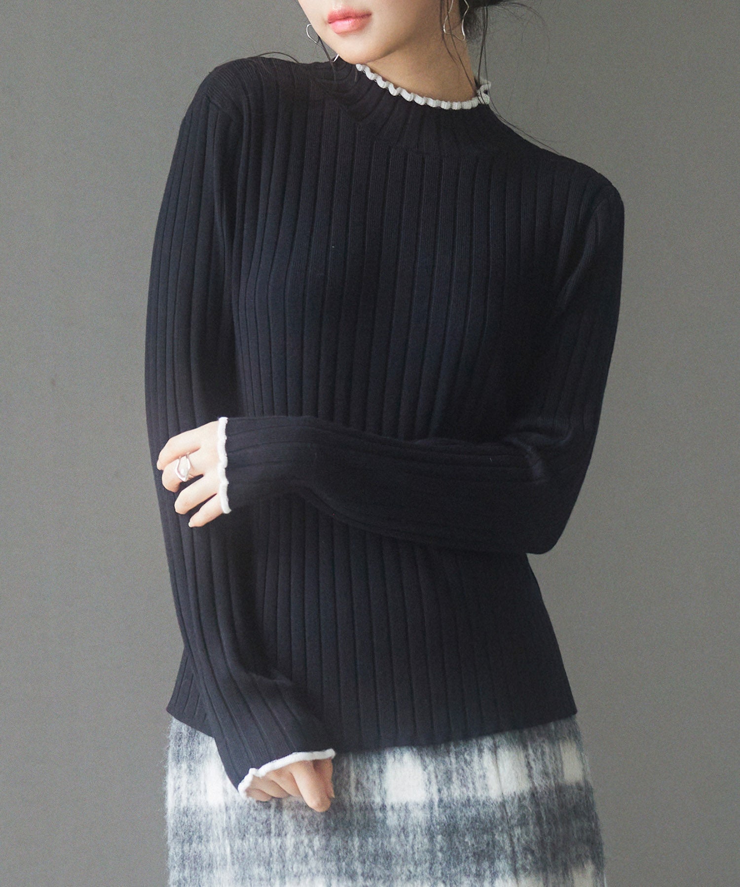 太めリブ編みプチハイネックニットプルオーバーsdp8037 ブラック