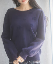 フラワーモチーフ裏起毛ニットプルオーバーsdp8038 ネイビー