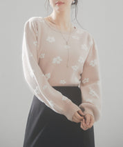 フラワーモチーフ裏起毛ニットプルオーバーsdp8038 ピンクベージュ