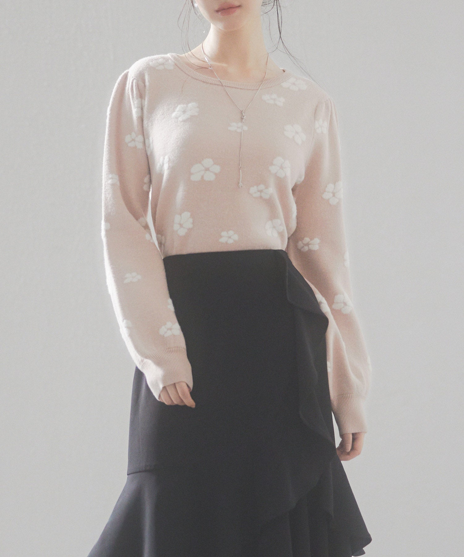 フラワーモチーフ裏起毛ニットプルオーバーsdp8038 ピンクベージュ