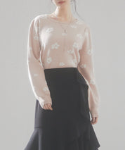 フラワーモチーフ裏起毛ニットプルオーバーsdp8038 ピンクベージュ