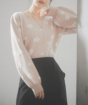 フラワーモチーフ裏起毛ニットプルオーバーsdp8038 ピンクベージュ