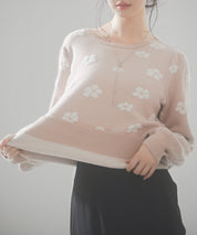 フラワーモチーフ裏起毛ニットプルオーバーsdp8038 ピンクベージュ