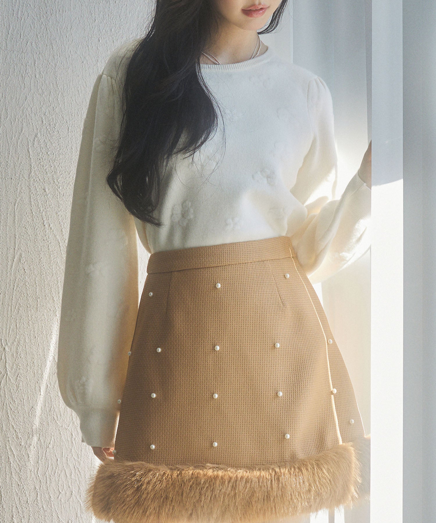 フラワーモチーフ裏起毛ニットプルオーバーsdp8038 アイボリー