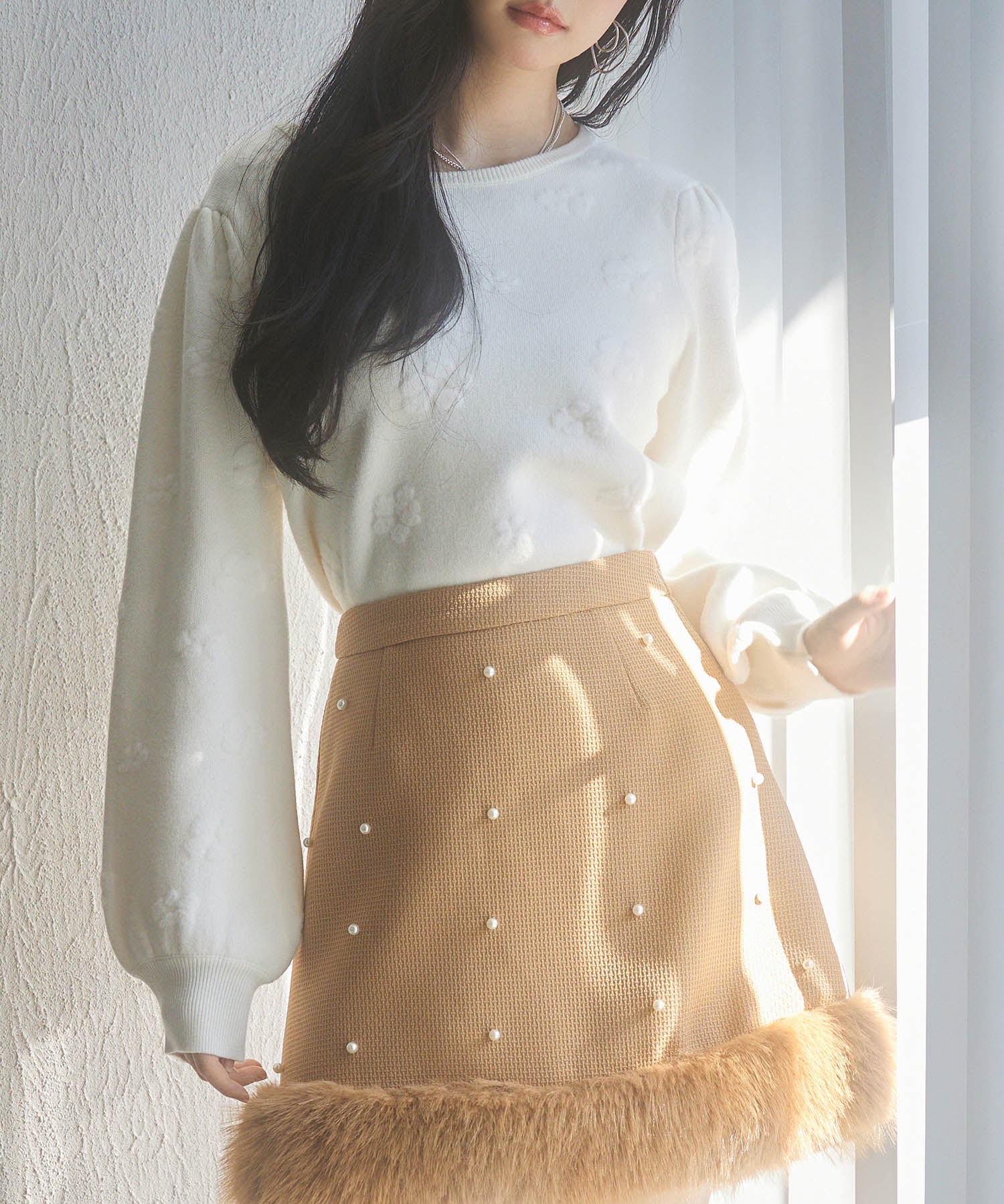 フラワーモチーフ裏起毛ニットプルオーバーsdp8038 アイボリー