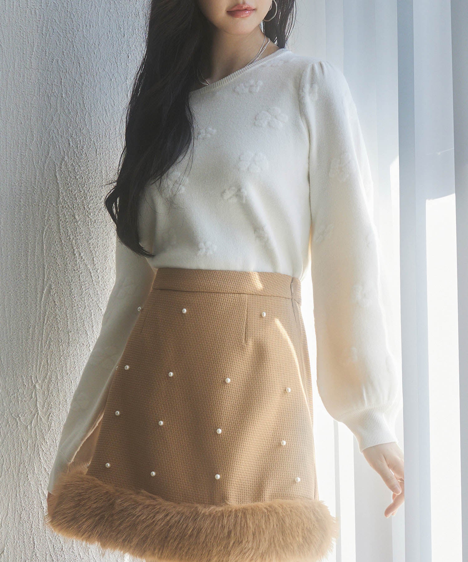 フラワーモチーフ裏起毛ニットプルオーバーsdp8038 アイボリー