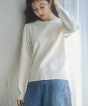 フラワーモチーフ裏起毛ニットプルオーバーsdp8038 アイボリー