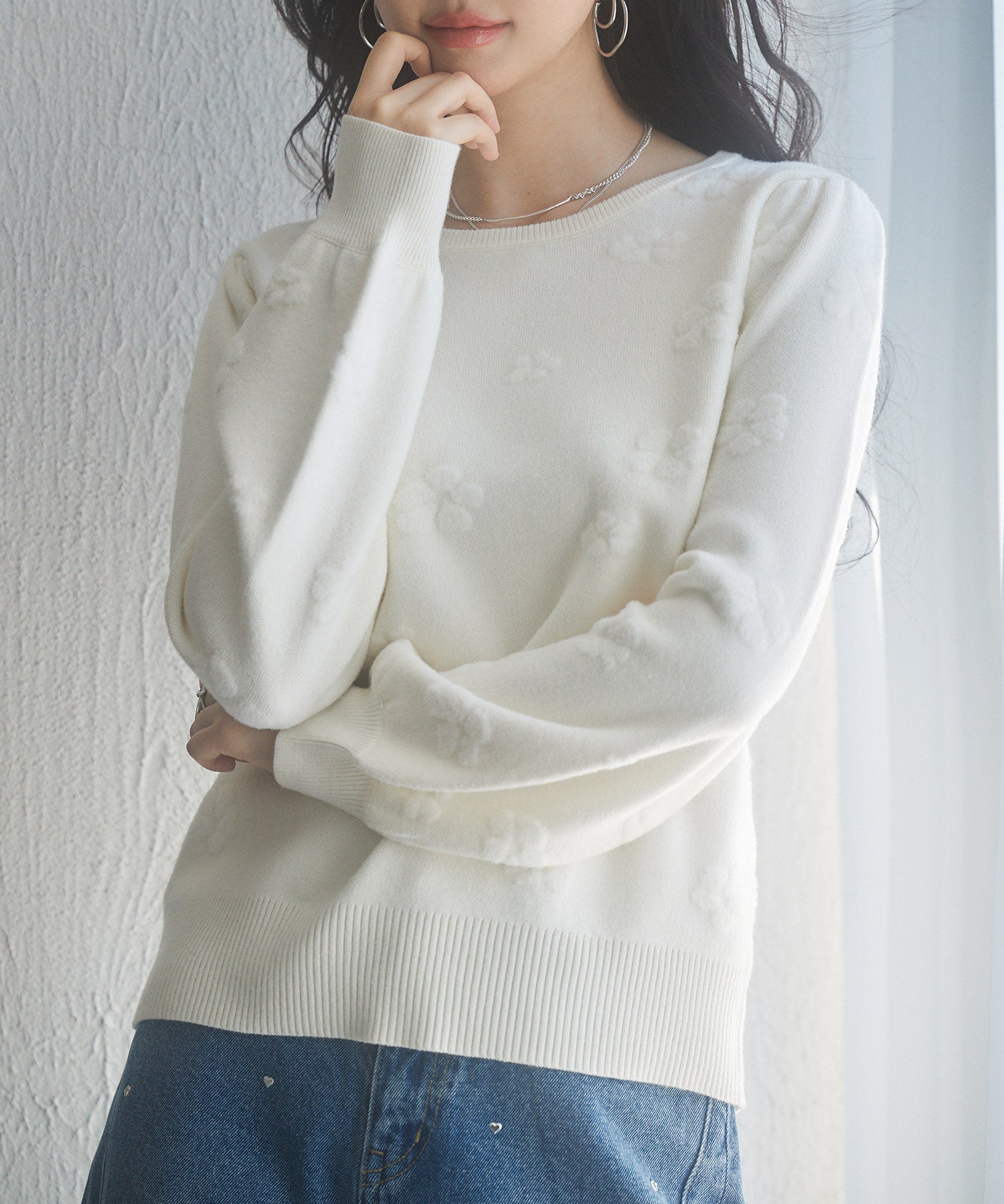 フラワーモチーフ裏起毛ニットプルオーバーsdp8038 アイボリー