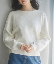 フラワーモチーフ裏起毛ニットプルオーバーsdp8038 アイボリー