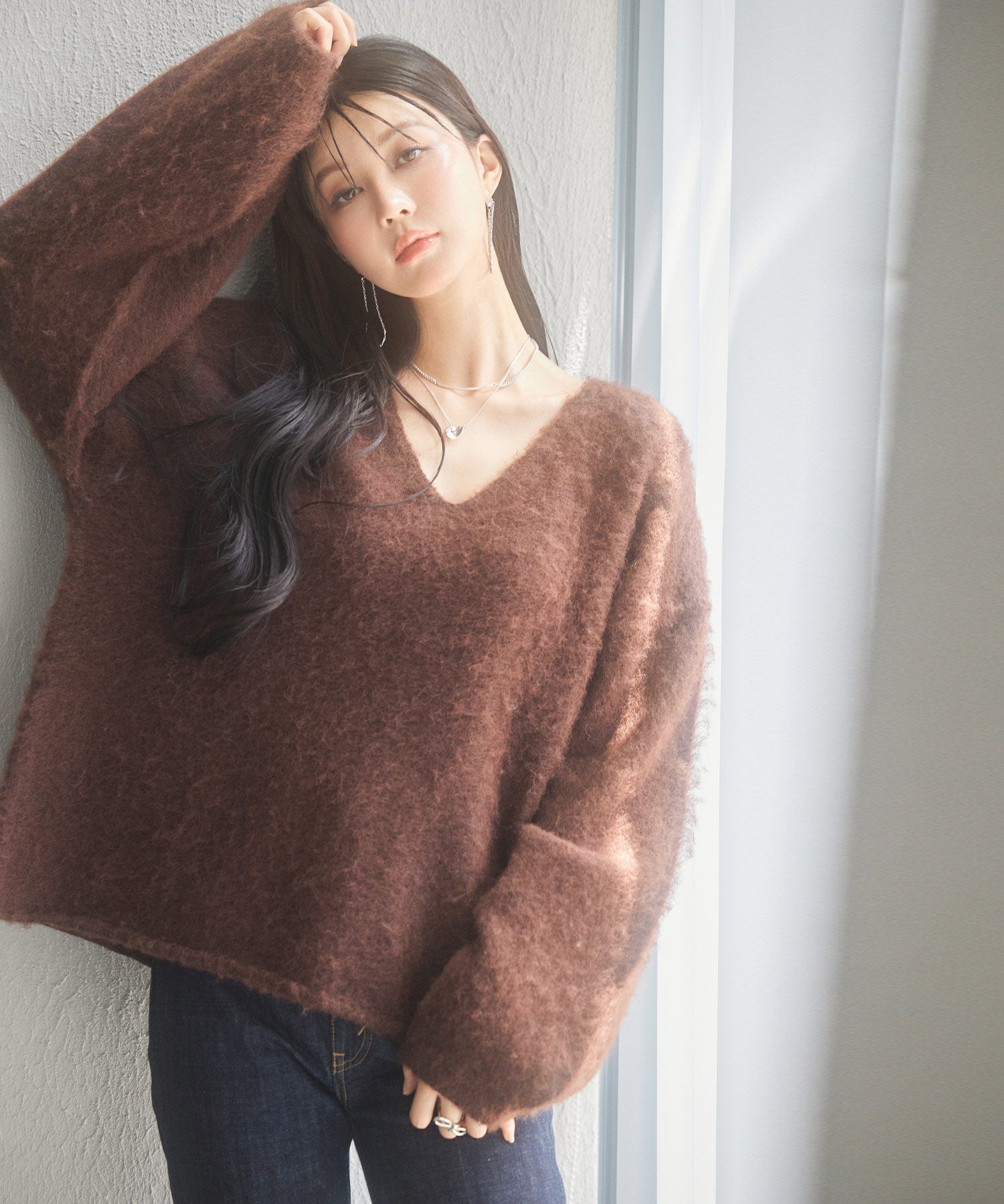 深めVネックドロップショルダーニットプルオーバーsdp8042 ダークブラウン