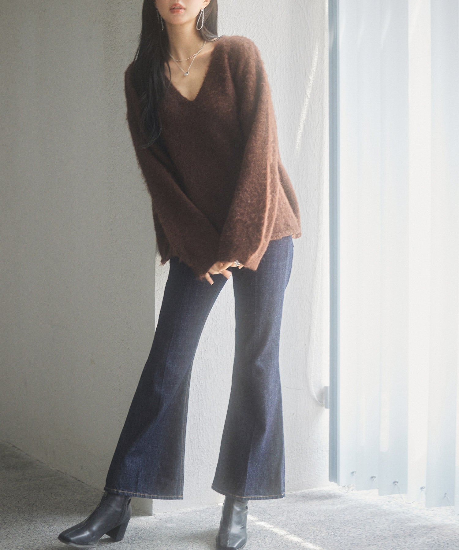 深めVネックドロップショルダーニットプルオーバーsdp8042 ダークブラウン