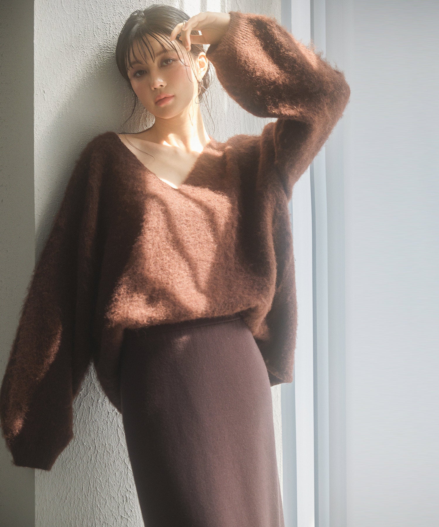 深めVネックドロップショルダーニットプルオーバーsdp8042 ダークブラウン